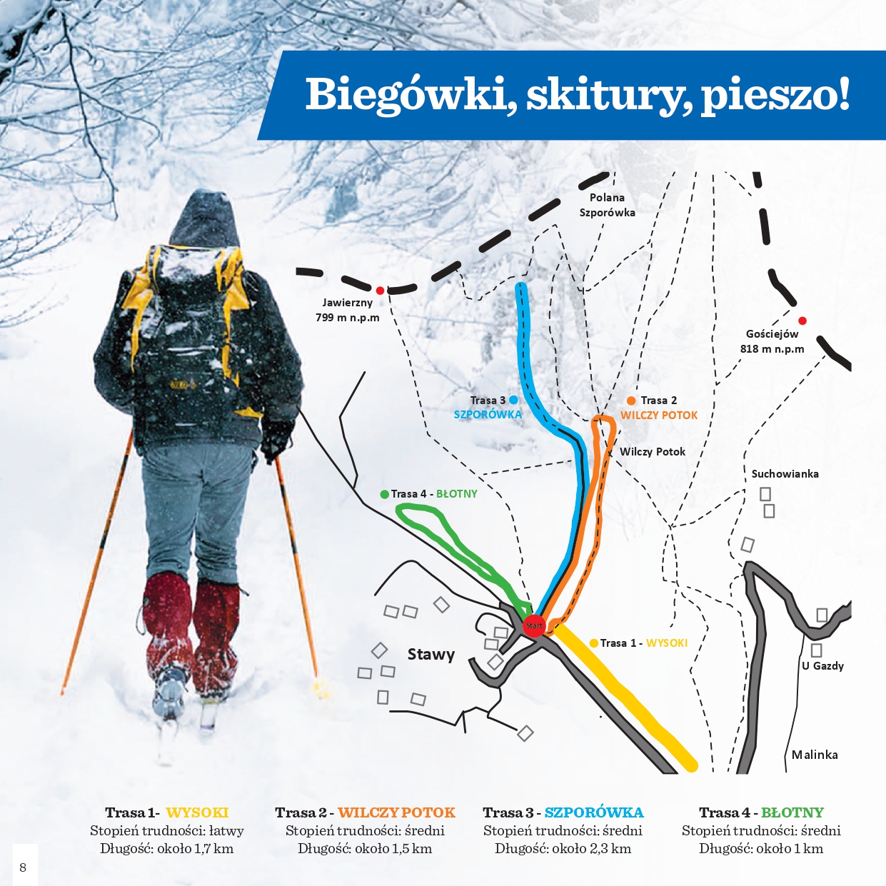 Grafika z przedstawiająca przebieg tras do rekreacyjnego uprawiania ski tourów i narciarstwa biegowego.Po lewej stronie sylwetka osoby porusającej się na nartach po trasie biegowej.U dołu krótkie info o poszczególnych trasach.