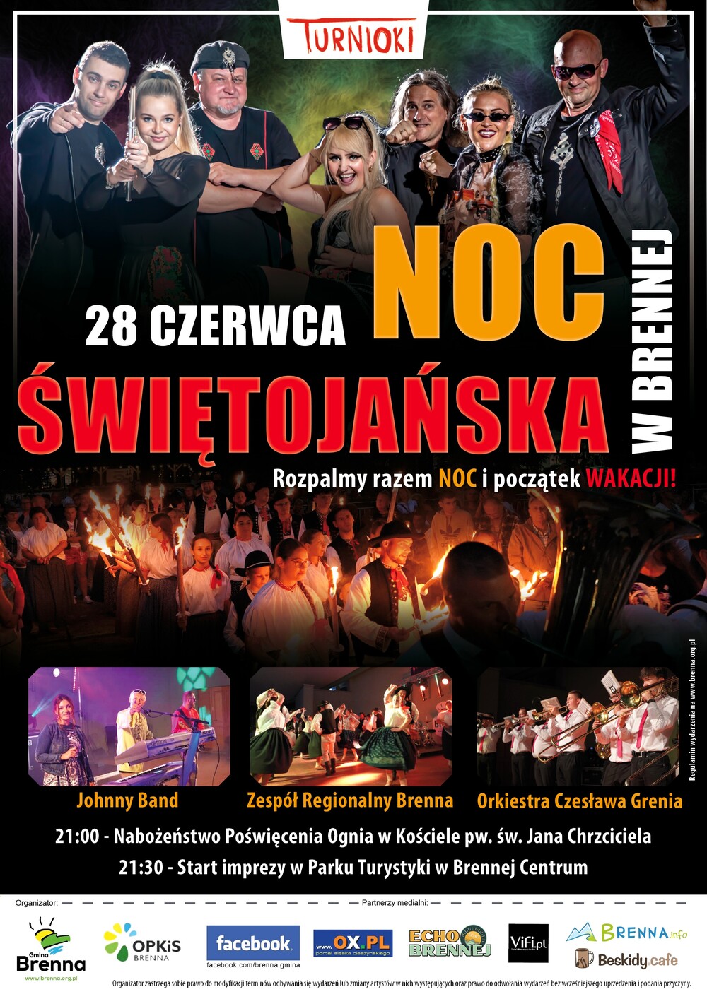 plakat zapraszający na Noc Świętojańską w Brennej - w tle zdjęcia zespołów które wystąpią podczas wydarzenia: Johnny Band, Zespół Regionalny Brenna, Orkiestra Czesława Grenia