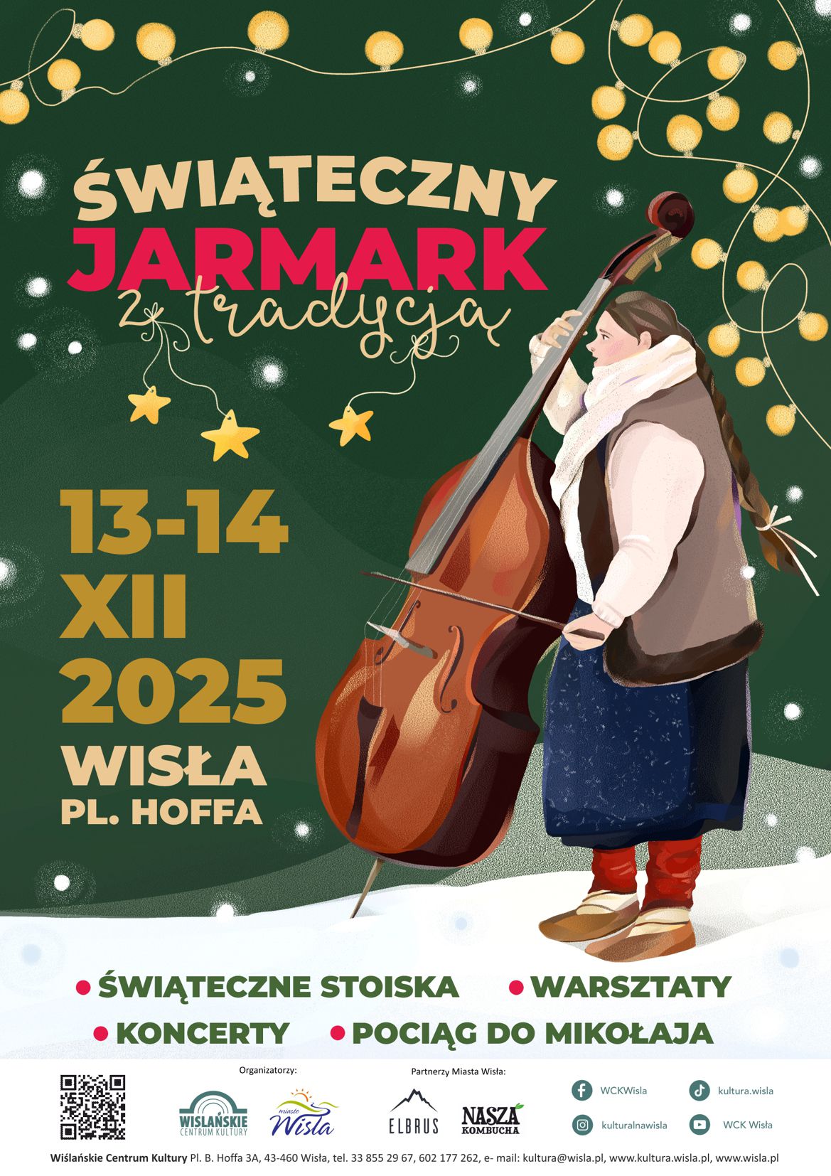 Dziewczyna w beskidzkim stroju regionalnym gra na kontrabasie.W tle zielony kolor i elementy świątecznego wystroju.Wokół tekst informacyjny.U dołu loga organizatorów.