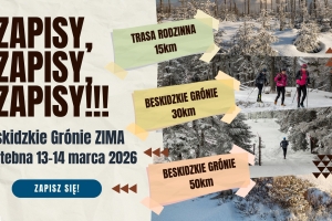 Na plakacie, po jego prawej stronie,cztery zdjęcia,z zimową, leśną scenerią.Dwa z nich przedstawiają biegaczy narciarskich.Po prawej stronie tekst informacyjny.