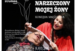 Plakat predstawia dwie osoby, kobietę i mężczyznę.Kobieta przykłada mężczyźnie okład na czoło.Na czarnym tle biały tekst informacyjny o spektaklu.